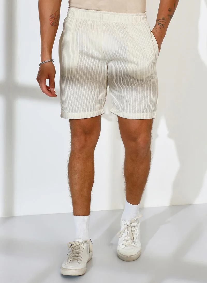 CAHOOT  Men's Cream White Ribbed-Striped Co-Ord Set For Casual Wear | Cuban Collar | Short Sleeve | Button Closure | Co-Ords Crafted With Comfort Fit For Everyday Wear for Men | Best Price UAE
